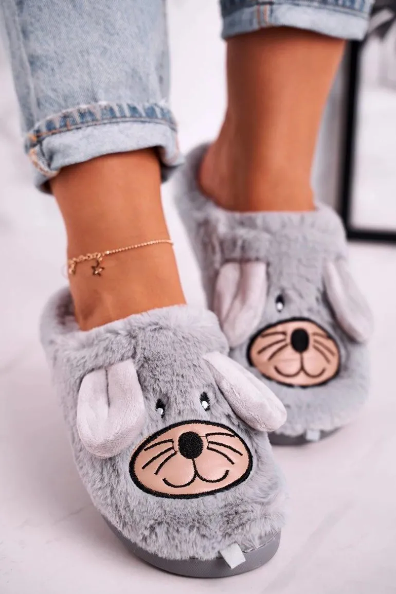 Damskie Futrzane Papcie Myszki Szare Home Sweet Home