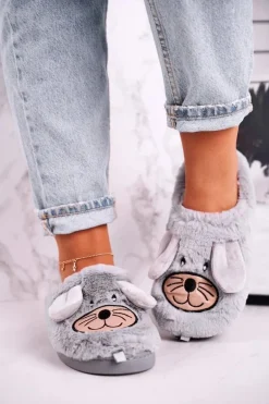 Damskie Futrzane Papcie Myszki Szare Home Sweet Home