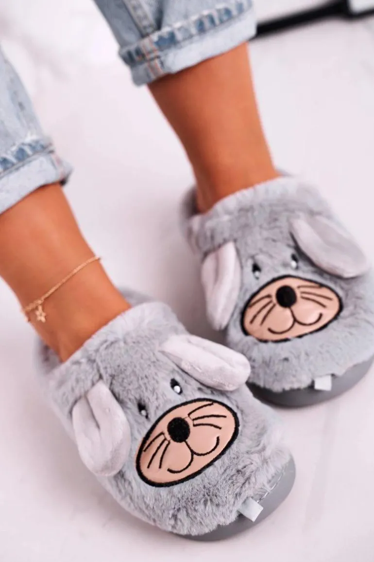 Damskie Futrzane Papcie Myszki Szare Home Sweet Home