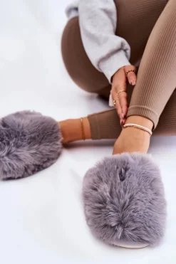 Damskie Futrzane Papcie Szare Sheryl