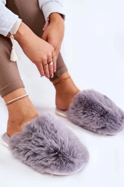 Damskie Futrzane Papcie Szare Sheryl