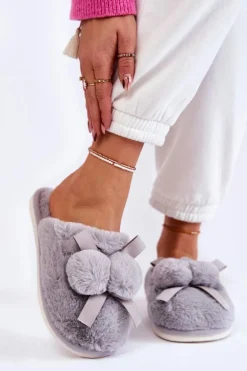 Damskie Futrzane Papcie Z Pomponami Szare Castello