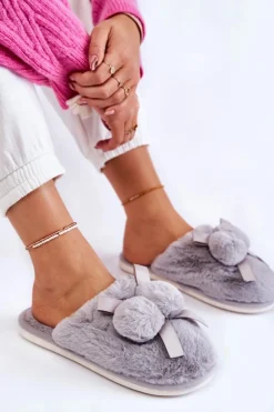 Damskie Futrzane Papcie Z Pomponami Szare Castello