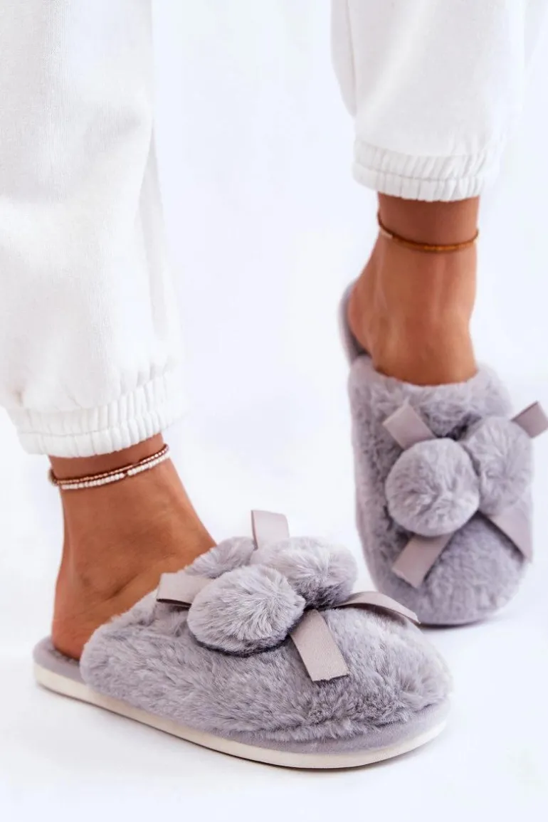 Damskie Futrzane Papcie Z Pomponami Szare Castello