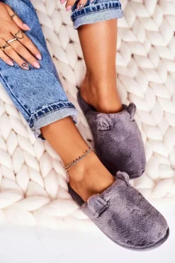 Damskie Futrzane Papcie Z Uszami Szare Hippo