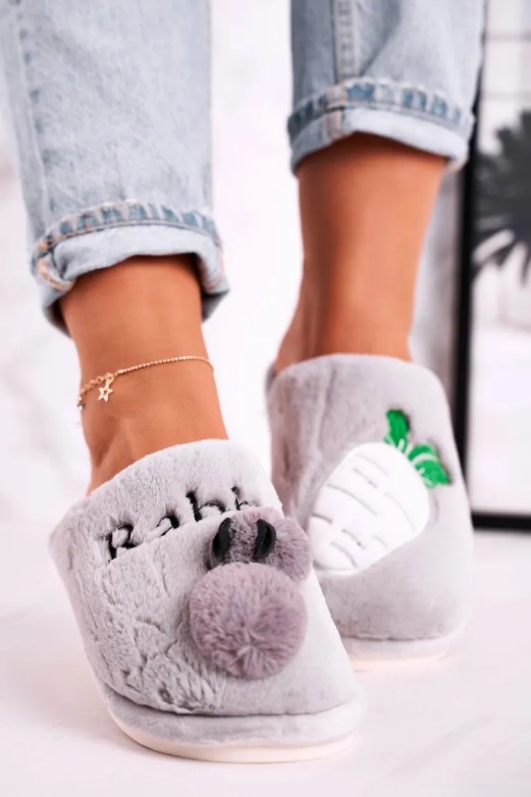 Damskie Futrzane Papcie z Królikiem I Marchewką Szare Follow Me