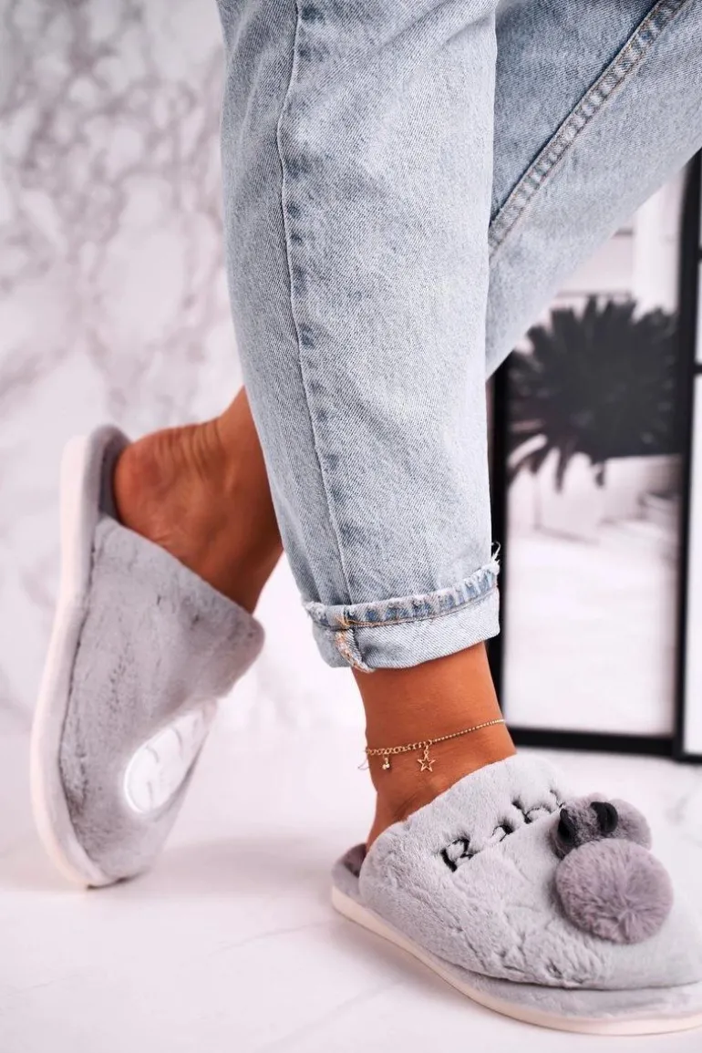 Damskie Futrzane Papcie z Królikiem I Marchewką Szare Follow Me