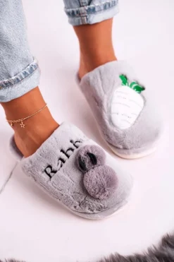 Damskie Futrzane Papcie z Królikiem I Marchewką Szare Follow Me