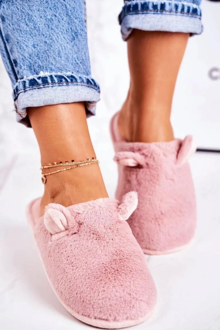 Damskie Futrzane Papcie Z Uszami Pudrowy Róż Hippo
