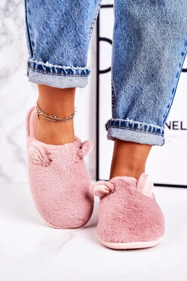 Damskie Futrzane Papcie Z Uszami Pudrowy Róż Hippo