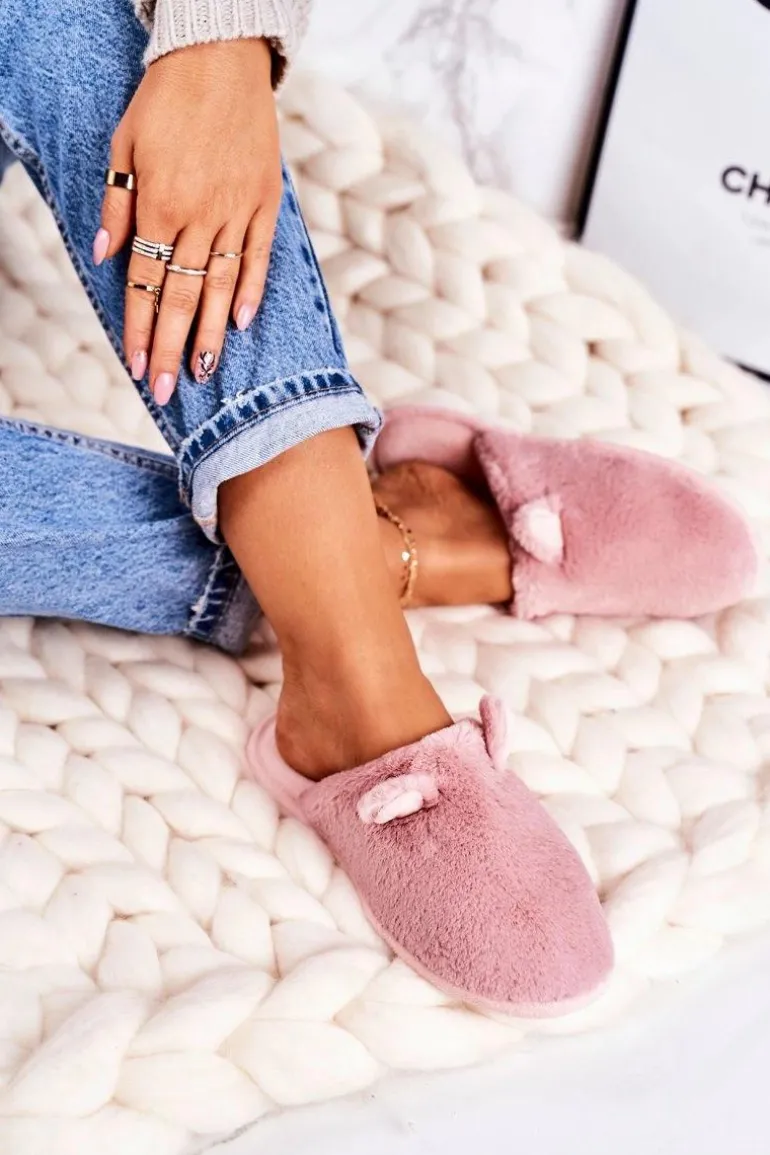 Damskie Futrzane Papcie Z Uszami Pudrowy Róż Hippo