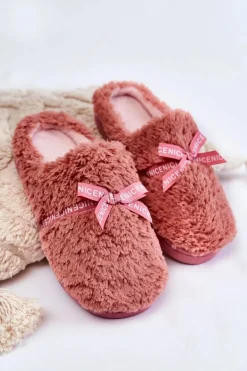 Damskie Futrzane Papcie Z Kokardką Różowe Ryana