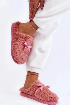 Damskie Futrzane Papcie Z Kokardką Różowe Ryana