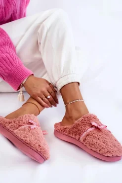 Damskie Futrzane Papcie Z Kokardką Różowe Ryana