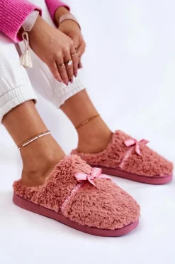 Damskie Futrzane Papcie Z Kokardką Różowe Ryana