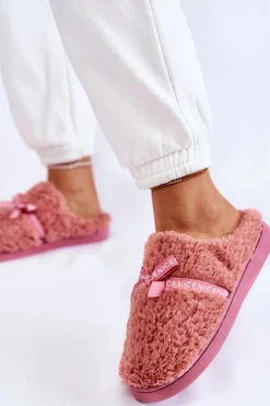 Damskie Futrzane Papcie Z Kokardką Różowe Ryana