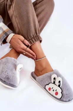 Damskie Futrzane Papcie Z Królikiem Szare Trisha