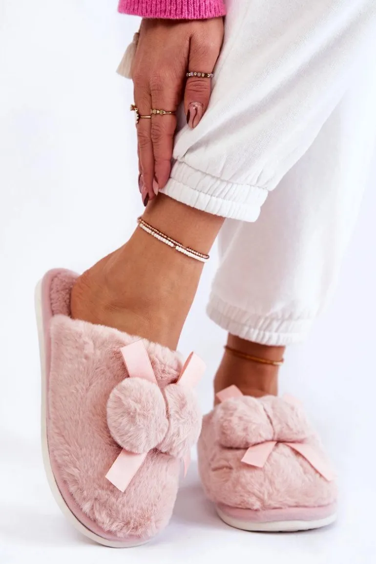 Damskie Futrzane Papcie Z Pomponami Różowe Castello