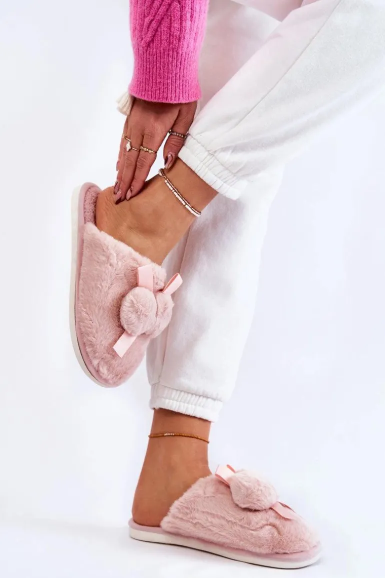 Damskie Futrzane Papcie Z Pomponami Różowe Castello