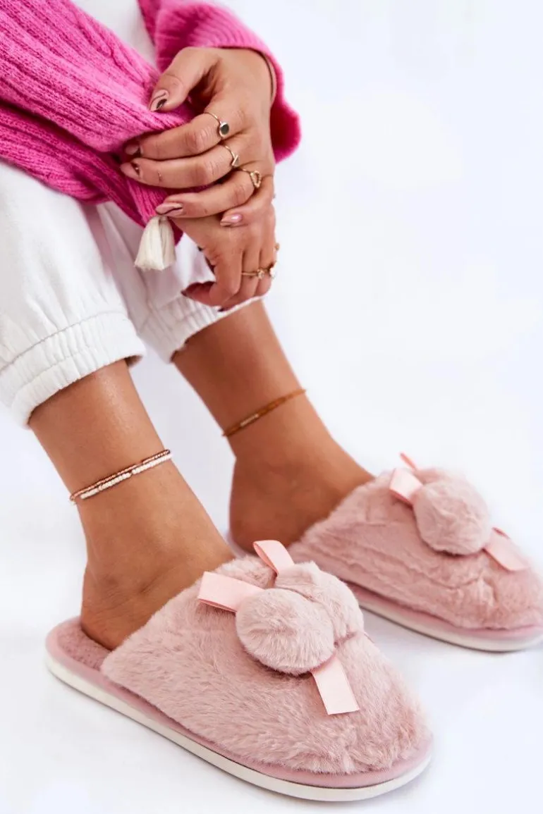 Damskie Futrzane Papcie Z Pomponami Różowe Castello