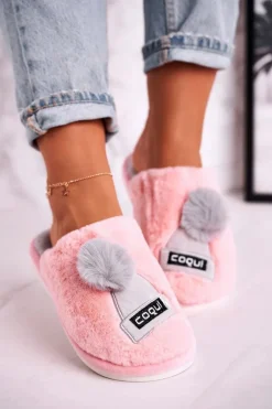 Damskie Futrzane Papcie Z Czapką I Pomponem Różowe Keep Warm