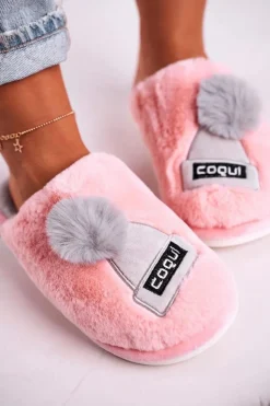 Damskie Futrzane Papcie Z Czapką I Pomponem Różowe Keep Warm