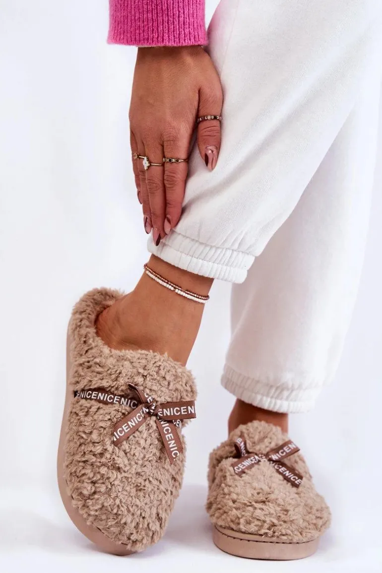 Damskie Futrzane Papcie Z Kokardką Beżowe Ryana