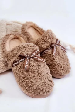 Damskie Futrzane Papcie Z Kokardką Beżowe Ryana