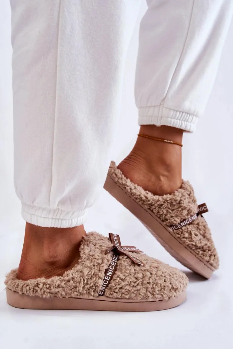 Damskie Futrzane Papcie Z Kokardką Beżowe Ryana