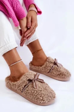 Damskie Futrzane Papcie Z Kokardką Beżowe Ryana