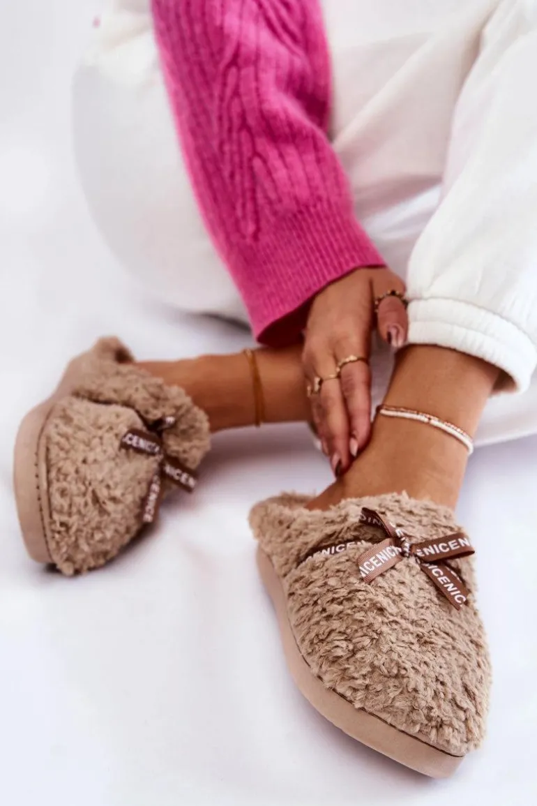 Damskie Futrzane Papcie Z Kokardką Beżowe Ryana