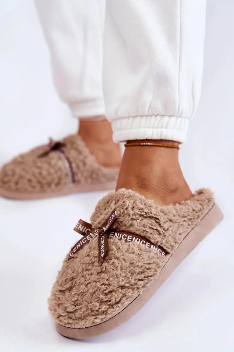 Damskie Futrzane Papcie Z Kokardką Beżowe Ryana