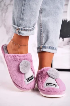 Damskie Futrzane Papcie Z Czapką I Pomponem Fioletowe Keep Warm
