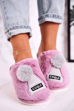 Damskie Futrzane Papcie Z Czapką I Pomponem Fioletowe Keep Warm