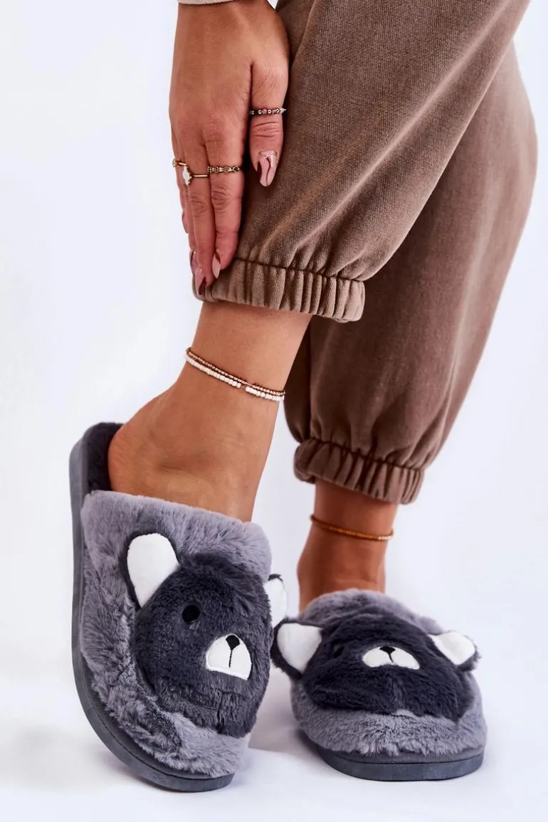 Damskie Futrzane Papcie Z Misiem Szare Solly