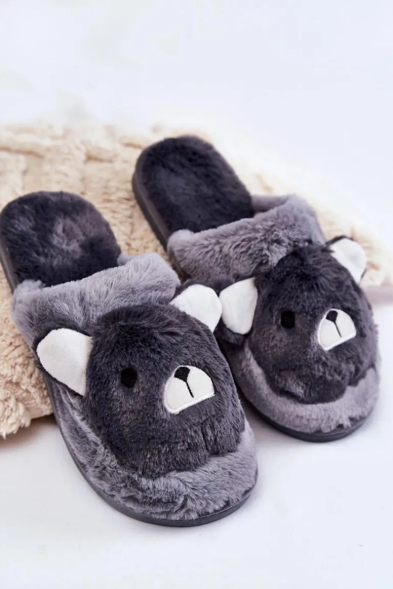 Damskie Futrzane Papcie Z Misiem Szare Solly