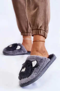 Damskie Futrzane Papcie Z Misiem Szare Solly