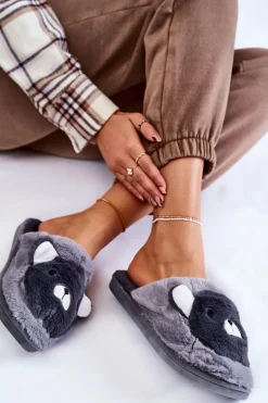 Damskie Futrzane Papcie Z Misiem Szare Solly