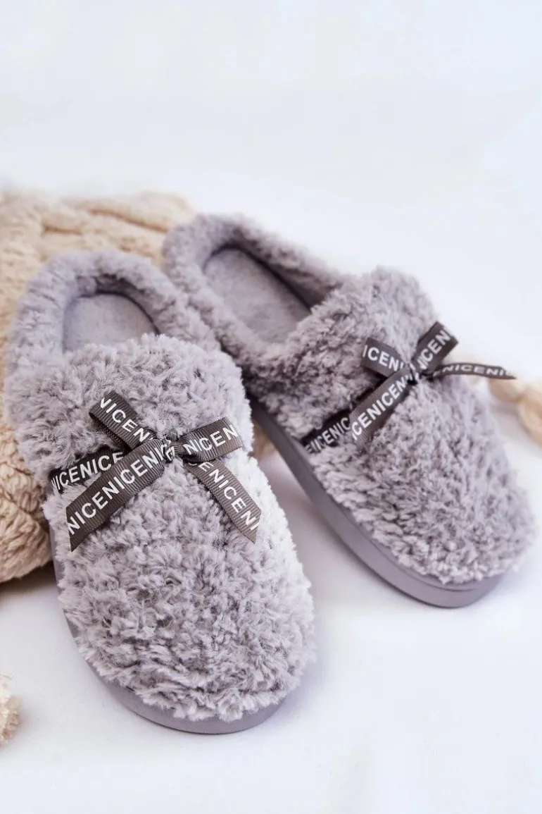 Damskie Futrzane Papcie Z Kokardką Szare Ryana