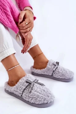 Damskie Futrzane Papcie Z Kokardką Szare Ryana