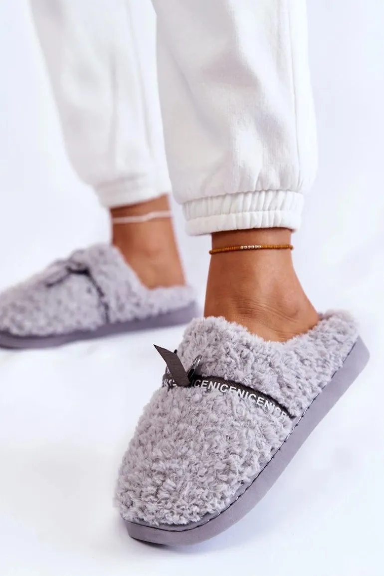 Damskie Futrzane Papcie Z Kokardką Szare Ryana