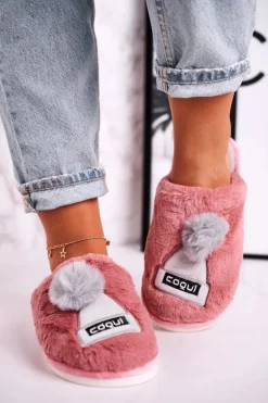 Damskie Futrzane Papcie Z Czapką I Pomponem Pudrowy Róż Keep Warm