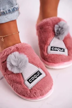 Damskie Futrzane Papcie Z Czapką I Pomponem Pudrowy Róż Keep Warm