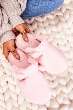 Damskie Futrzane Papcie Z Uszami Jasny Róż Hippo