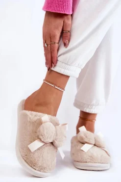 Damskie Futrzane Papcie Z Pomponami Beżowe Castello