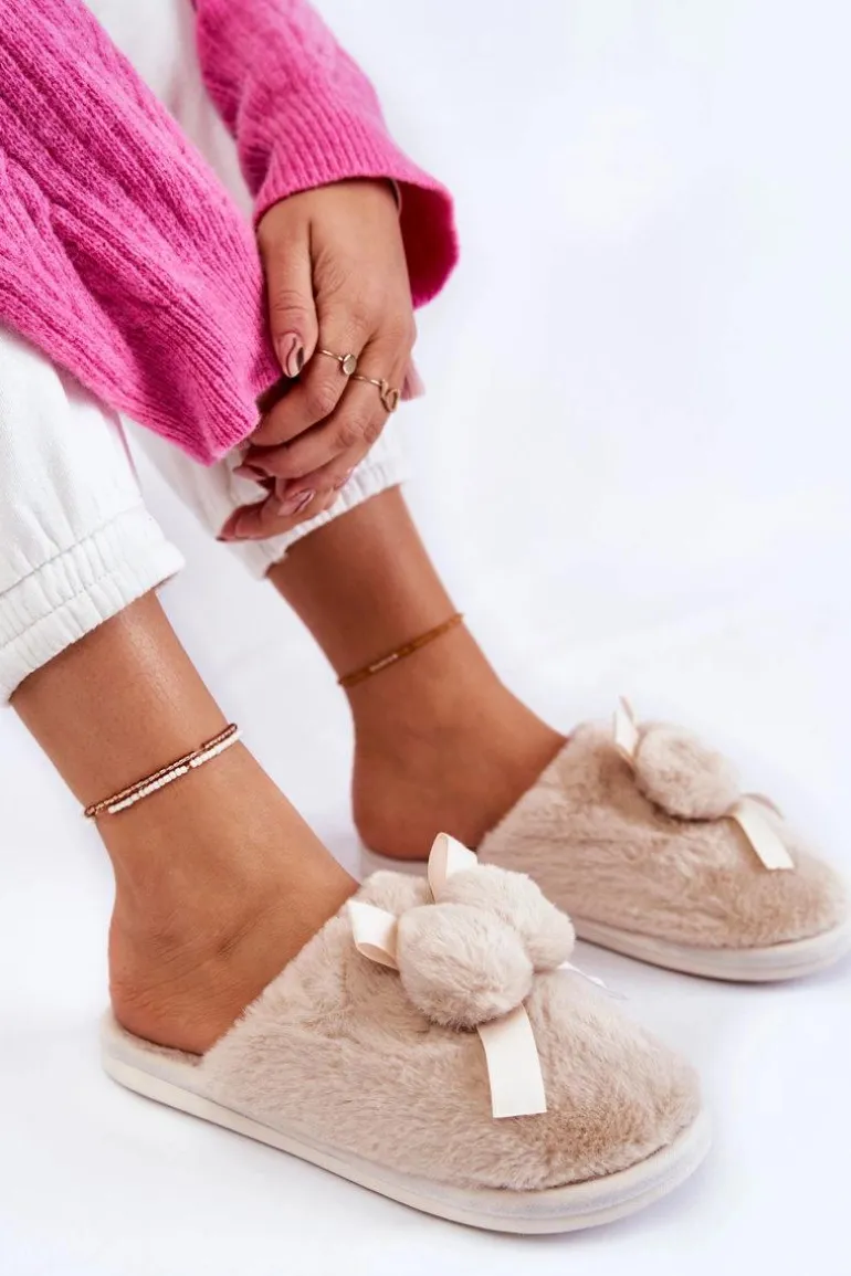 Damskie Futrzane Papcie Z Pomponami Beżowe Castello