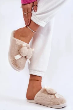 Damskie Futrzane Papcie Z Pomponami Beżowe Castello