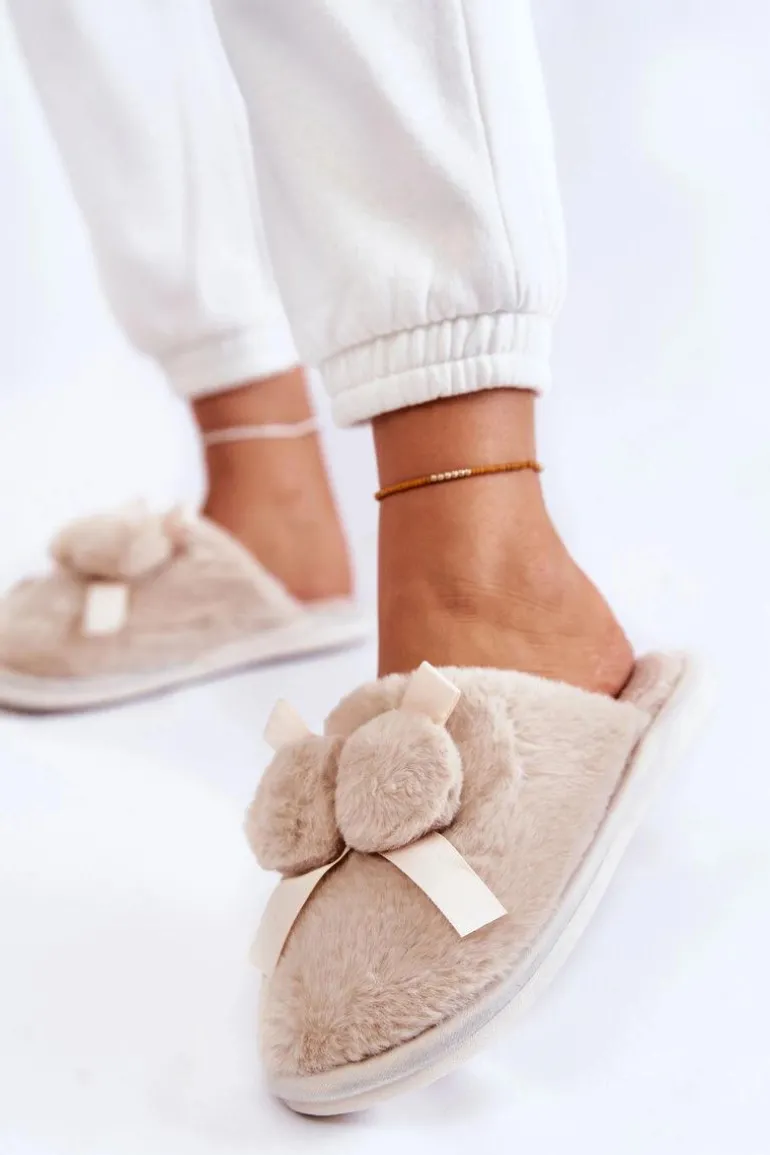 Damskie Futrzane Papcie Z Pomponami Beżowe Castello