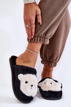 Damskie Futrzane Papcie Z Misiem Czarne Solly
