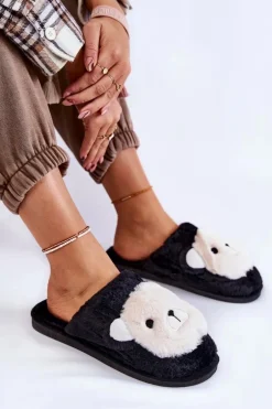 Damskie Futrzane Papcie Z Misiem Czarne Solly
